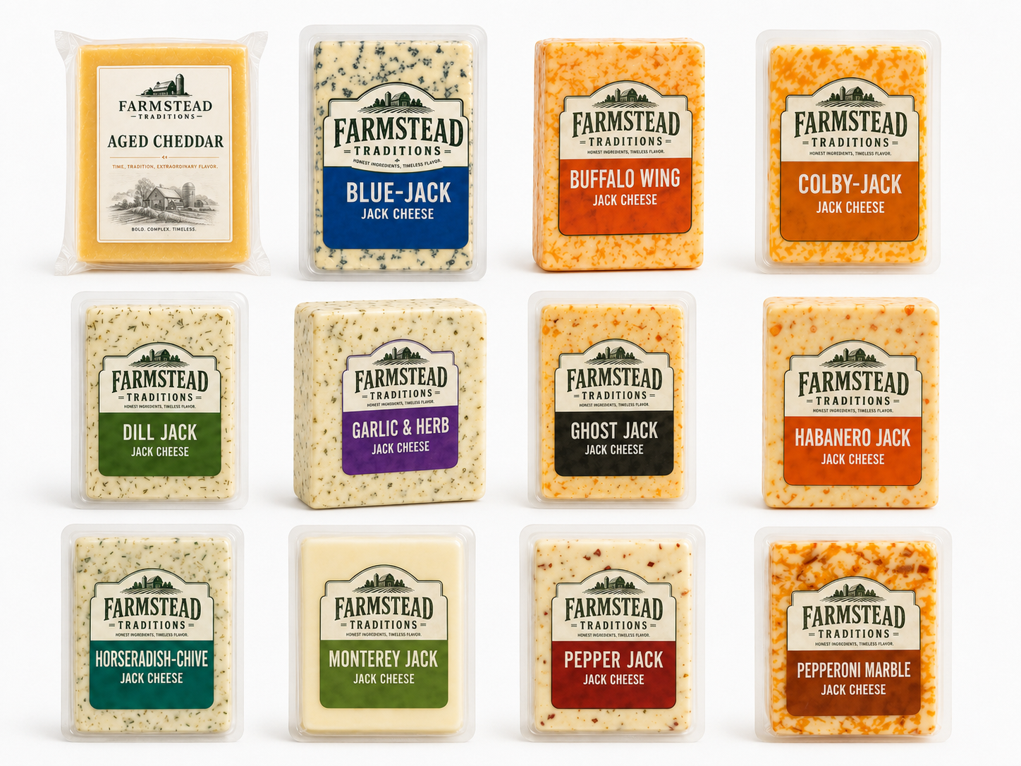Farmstead Traditions Cheddar and Jack cheese collage, aged cheddar and flavored Jack varieties